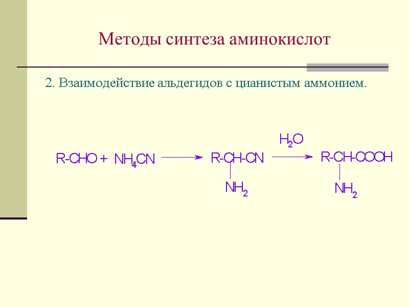 Методы синтеза аминокислот 2. Взаимодействие альдегидов с цианистым аммонием.